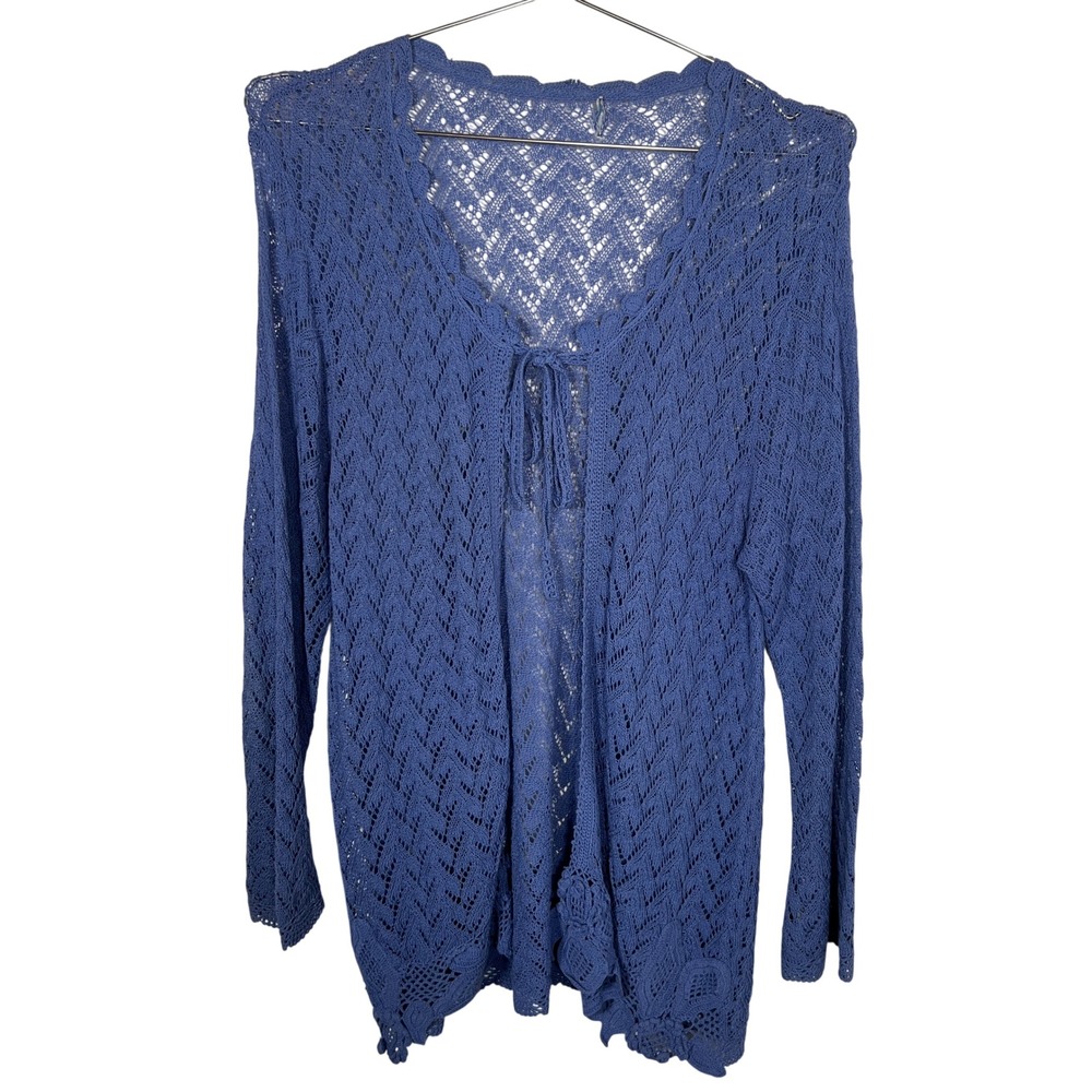 Crochet Cardigan Boho Blue Pointelle Knit Tie Front Scalloped Sweater Medium